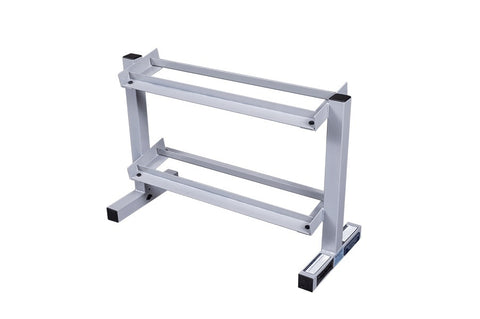 Silver 2-tier horizontal dumbbell rack with black foot pads and handles, displayed on white background