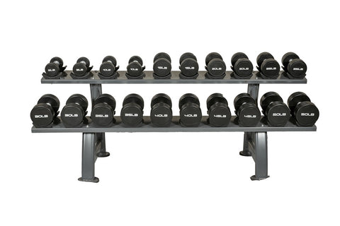 Two-tier black and gray dumbbell rack with saddle-style holders, shown on white background