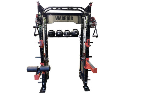 Black and red commercial cable crossover power rack with dual pulley systems, barbell holders, and weight plate storage on wh