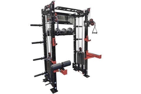 Black and red commercial cable crossover power rack with dual pulley systems, barbell holders, and weight plate storage on wh
