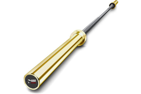 Gold titanium barbell with black cerakote sleeves and gray steel shaft, featuring gold collars and end caps on white backgrou