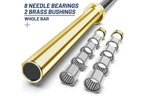 Gold titanium barbell with black cerakote sleeves and gray steel shaft, featuring gold collars and end caps on white backgrou