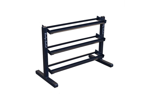 Three-tier black rubber hex dumbbell rack holding multiple pairs of weights arranged by size, on white background