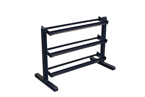 Black 3-tier horizontal dumbbell rack with sturdy frame and wide base, displayed on white background