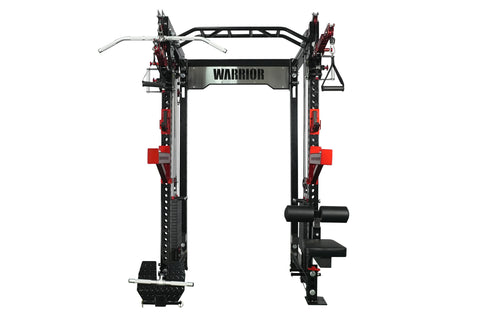 Black cable crossover pulley power rack with blue pulleys, weight stacks, and adjustable arms, on white background