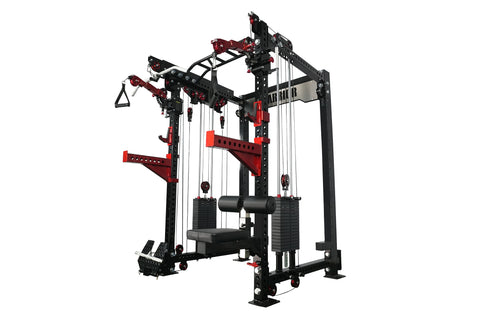 Warrior black and red cable crossover power rack with dual pulley systems, lat pulldown attachment, and leg press platform on