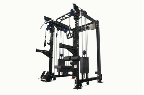 Black cable crossover pulley power rack with blue pulleys, weight stacks, and adjustable arms, on white background