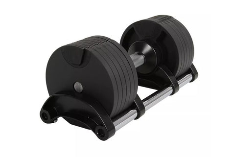 Warrior Newbells 50lb adjustable dumbbells with black rubber heads, gray metal handles, and weight selector dial on white bac