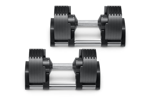 Pair of black adjustable dumbbells with metal handles and grip plates on white background