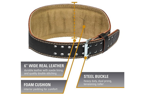 Black padded leather weightlifting belt with white contrast stitching, tan suede lining, and adjustable buckle closure on whi