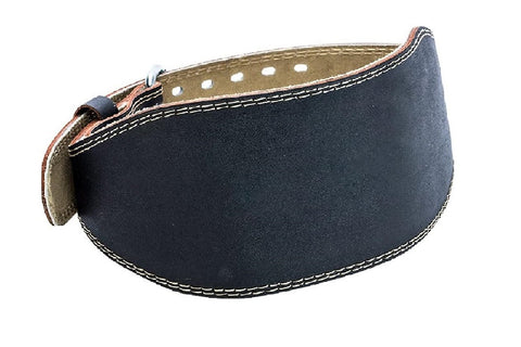 Black padded leather weightlifting belt with white contrast stitching, tan suede lining, and adjustable buckle closure on whi