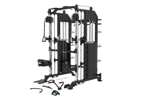 Black and white Warrior 801 Pro power rack cage with dual cable pulleys, Smith machine, and included accessories on white bac