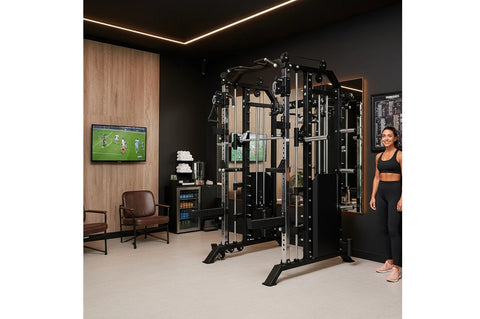 Black and silver dual-station functional trainer with cable crossover, adjustable arms, and integrated Smith machine on white