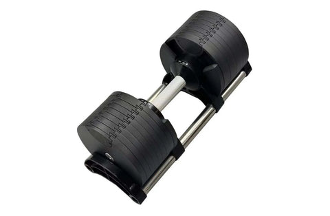 Warrior Newbells 50lb adjustable dumbbells with black rubber heads, gray metal handles, and weight selector dial on white bac