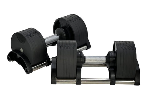 Pair of black adjustable dumbbells with metal handles and grip plates on white background