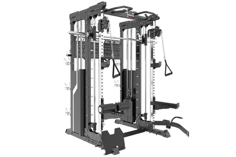 Warrior 901 all-in-one power rack with dual cable pulleys, smith machine, and counter-balanced system on white background