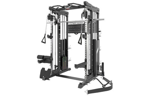 Warrior 901 all-in-one power rack with dual cable pulleys, smith machine, and counter-balanced system on white background