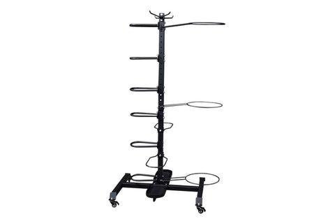 Black metal multi-tier accessory storage rack with vertical pole, horizontal arms, and wheeled base on white background