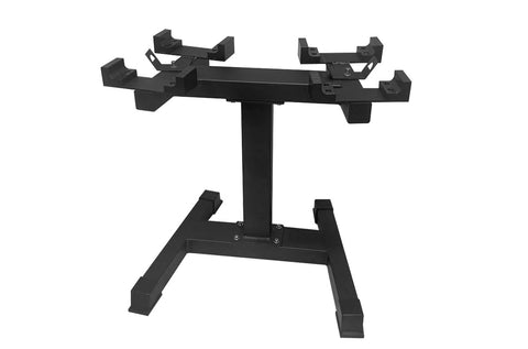 Warrior Newbell adjustable dumbbell stand with sage green and black dumbbells on black metal frame, isolated on white backgro