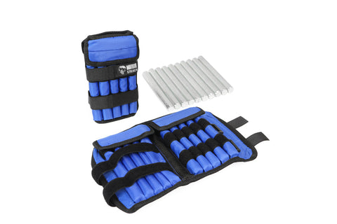 Blue and black neoprene ankle weights with foam padding, shown with cylindrical carrying pouch and aluminum bar inserts on wh