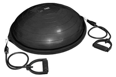 Black balance ball trainer with resistance bands and handles on white background