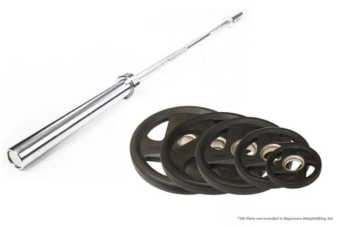 Weightlifting barbell with chrome shaft and black grip collar next to stack of black Olympic weight plates with center holes,