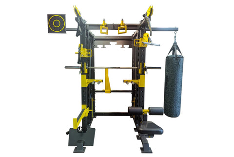 Black and yellow multi-functional trainer with Smith machine, cable pulley system, weight storage pegs, and digital display o