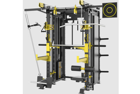Black and yellow multi-functional trainer with Smith machine, cable pulley system, weight storage pegs, and digital display o