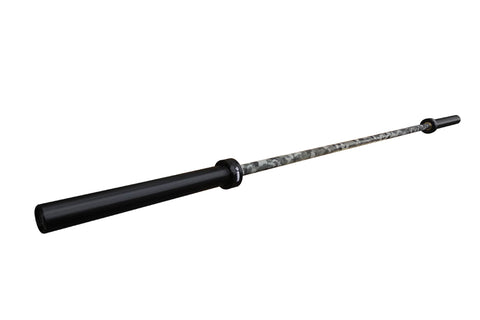 Warrior 6-bearing barbell with black cerakote sleeves and gray camouflage pattern shaft, gold collar rings