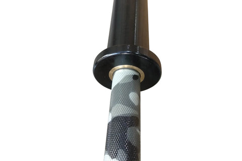 Warrior Cerakote Powerlifting Bar with black and white camo grip sleeve and black collar on white background