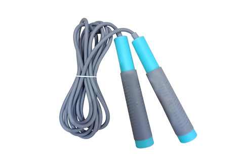 Warrior Speed Rope with blue and gray handles and coiled gray rope on white background