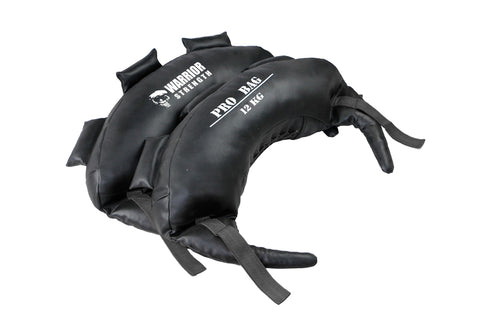 Black Warrior Bulgarian pro bag 12kg with textured material and adjustable straps, flat lay view