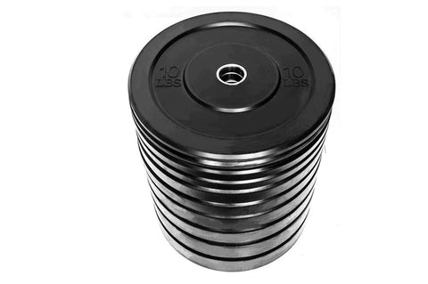 Stack of black rubber bumper plates with chrome metal rings, 10 lbs each, on white background