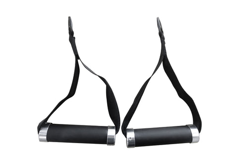 Pair of black foam-grip cable pulley handles with metal end caps and adjustable straps on white background