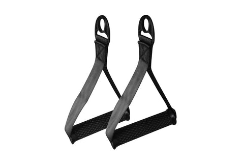 Pair of black cable pulley handles with plastic D-rings and textured grip platforms, shown on white background
