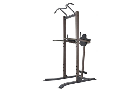 Warrior VKR/Dip Power Tower with burgundy steel frame, black foot pads, and padded handles on white background