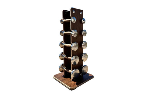 Warrior Luxury wood and stainless steel dumbbell tower set with five pairs of weights on white background
