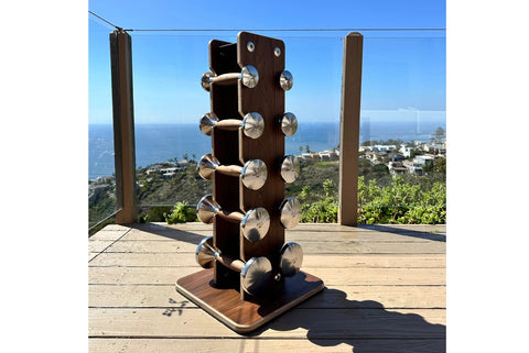 Warrior Luxury wood and stainless steel dumbbell tower set with five pairs of weights on white background
