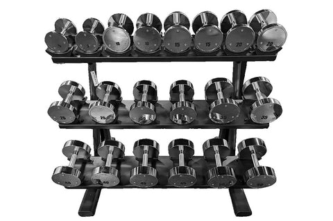 Three-tier black dumbbell rack holding chrome dumbbells ranging from 5 to 50 pounds, displayed against white background