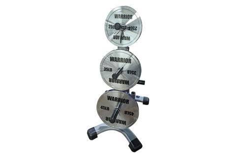Warrior chrome Olympic weight plates stacked vertically on rack showing 25lb, 35lb, and 45lb plates with black handles on whi