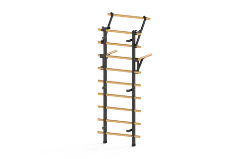 Warrior Swedish stall bars with natural wood rungs and black metal frame on white background
