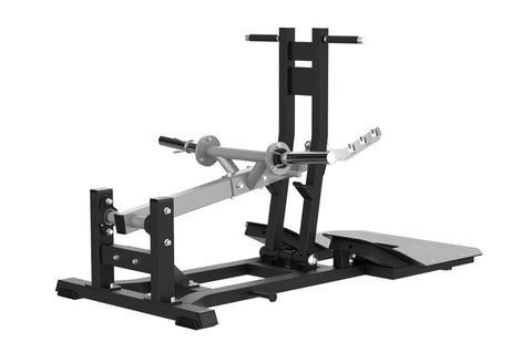 Black belt squat machine with chrome barbell, foot platform, and adjustable leg press attachment on white background