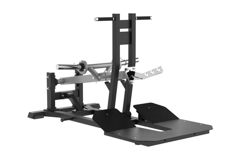 Black belt squat machine with chrome barbell, foot platform, and adjustable leg press attachment on white background