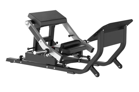 Black and silver commercial hip thruster machine with padded seat, leg press platform, and adjustable backrest on white backg