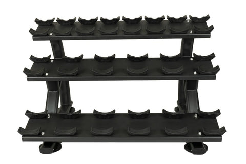 Three-tier black dumbbell rack holding 30 pairs of black dumbbells with white logos, on white background