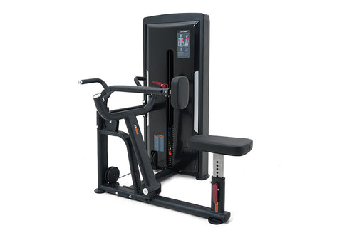 Black commercial seated row machine with digital display, padded seat, and handles on white background