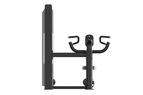 Black commercial seated row machine with digital display, padded seat, and handles on white background
