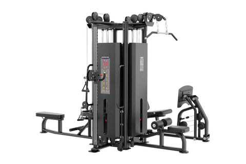 Black multi-station home gym with four weight stacks, cable pulleys, leg press, and adjustable bench on white background