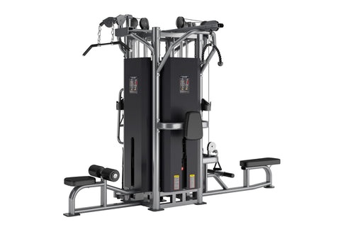 Black and silver commercial multi-station gym equipment with four stacked workout stations, dual cable towers, and adjustable