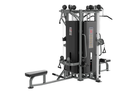 Black and silver commercial multi-station gym equipment with four stacked workout stations, dual cable towers, and adjustable